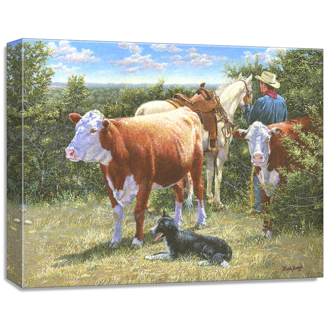 gallery wrapped print on canvas
depicting a cowboy with his
horse, herefords, and his border collie