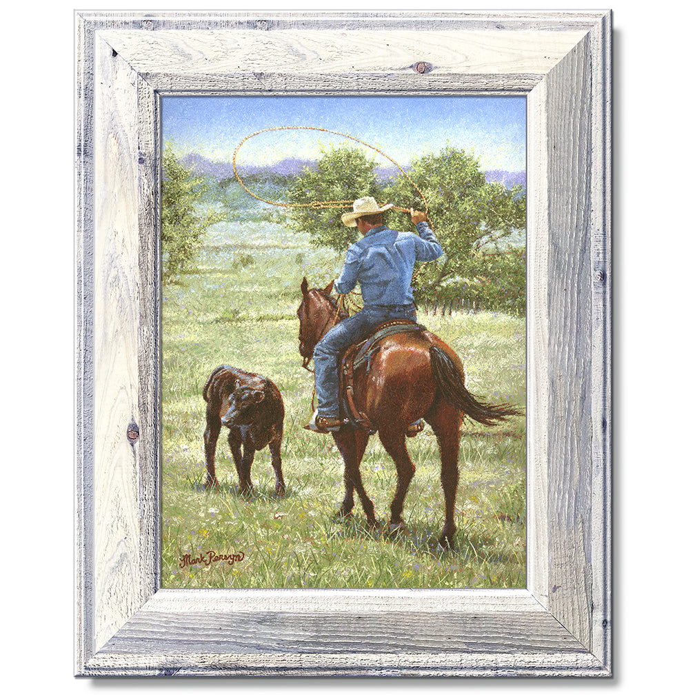 canvas print in a white wood frame depicting a cowboy on 
horseback ready to rope a black angus calf