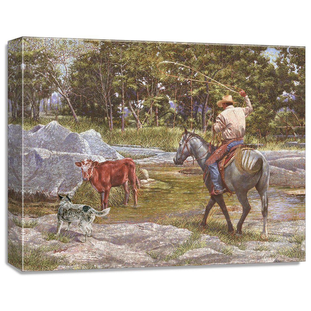 gallery wrapped print on canvas
depicting a cowboy on 
horseback roping a calf in a creek with his blue healer dog  