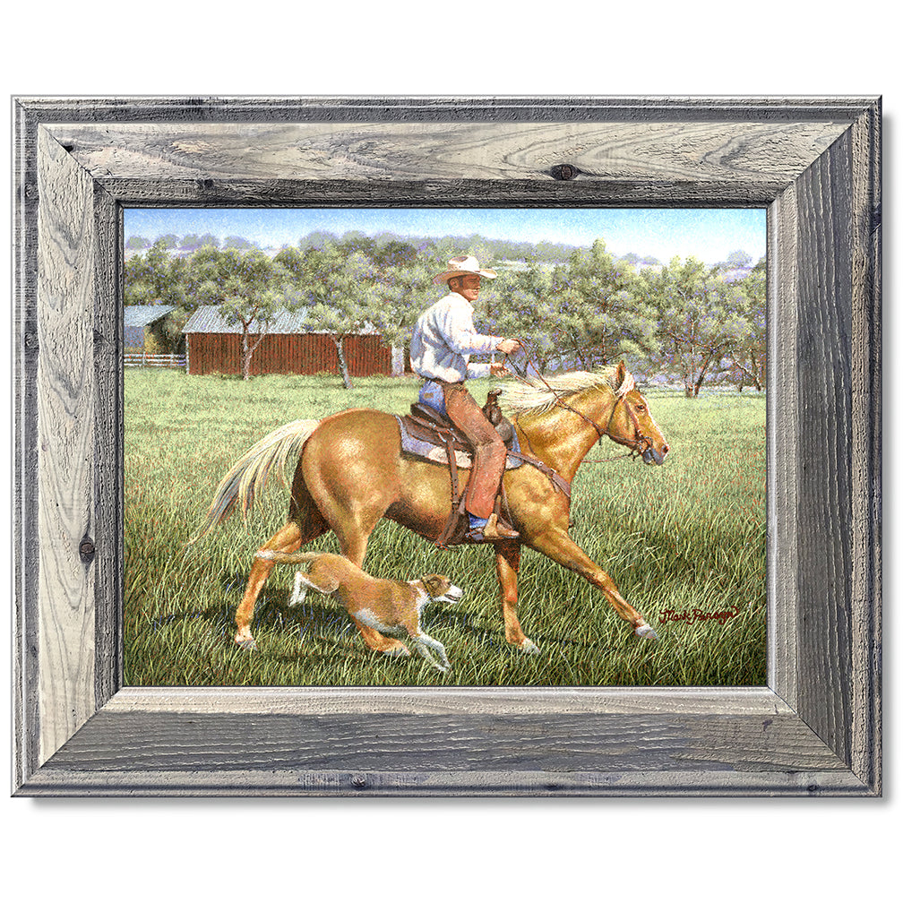 canvas print in a grey wood frame depicting a cowboy on
horseback with his dog alongside