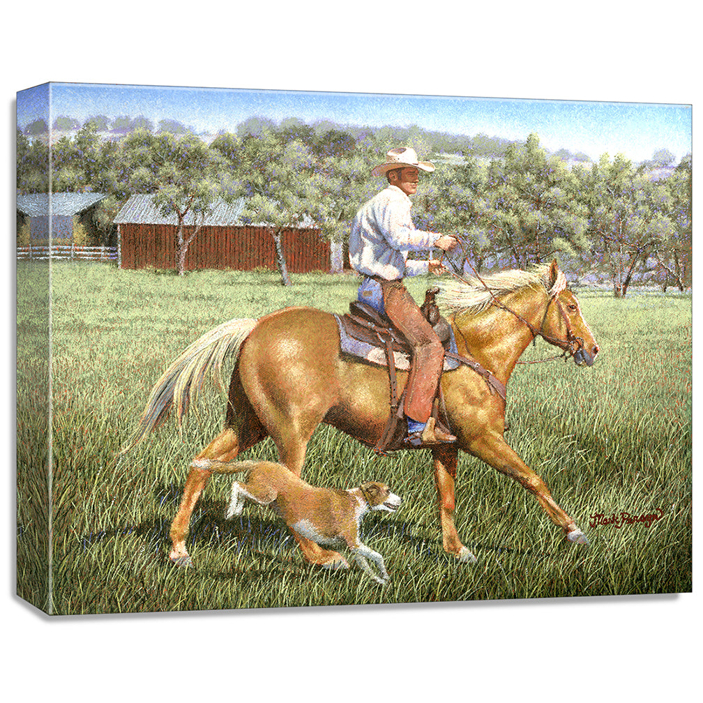 gallery wrapped print on canvas
depicting a cowboy on
horseback with his dog alongside