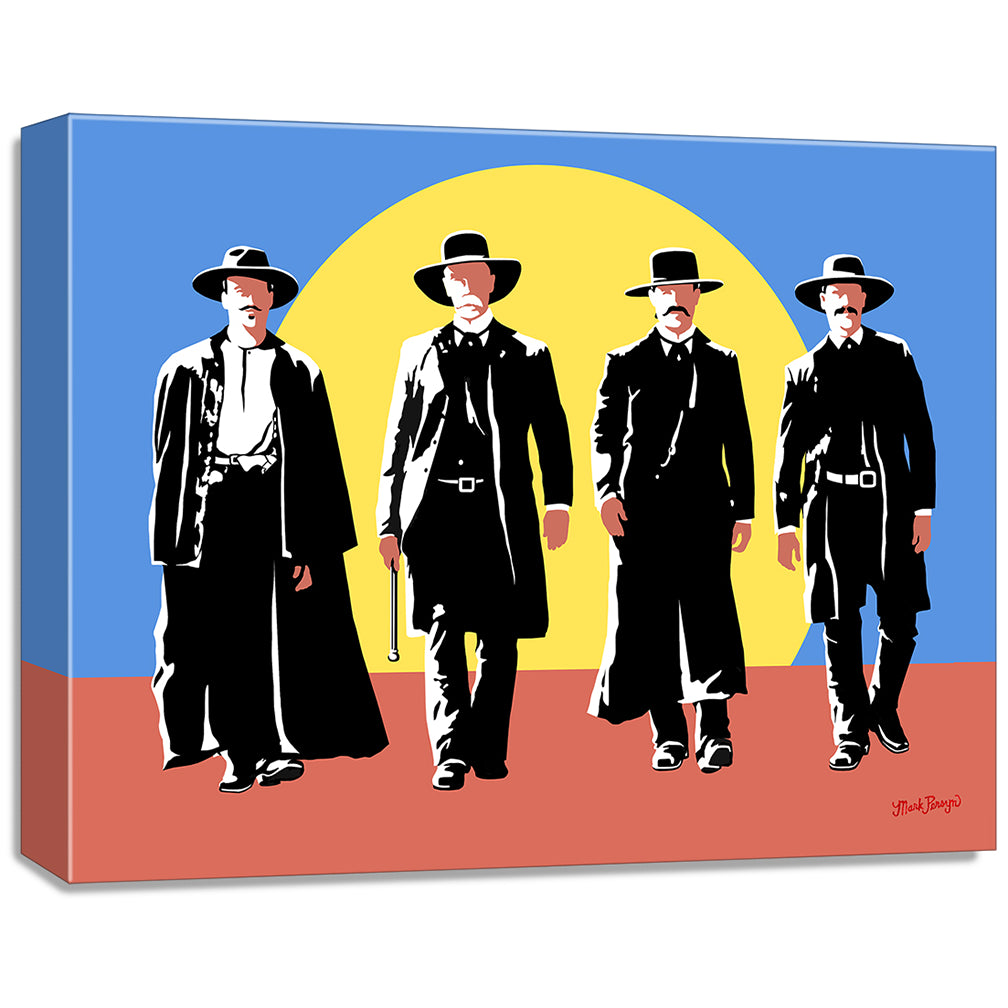 gallery wrapped print on canvas
depicting four cowboys
wearing black slickers walking side by side toward a showdown
