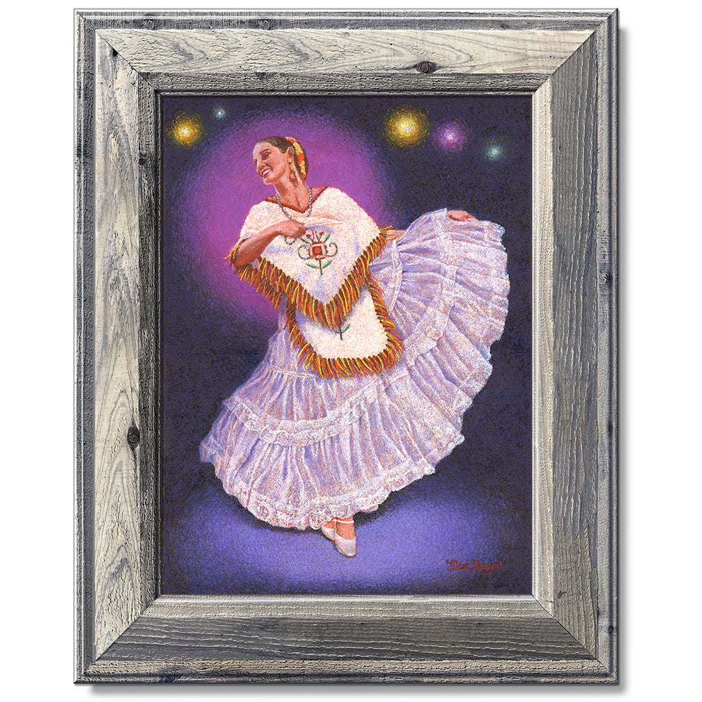 canvas print in a grey wood frame depicting a flamenco
dancer in a white flowing dress