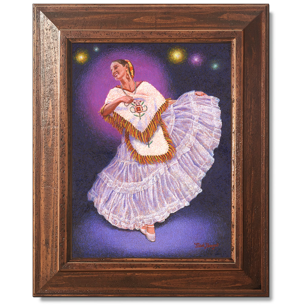 canvas print in a brown wood frame depicting a flamenco
dancer in a white flowing dress