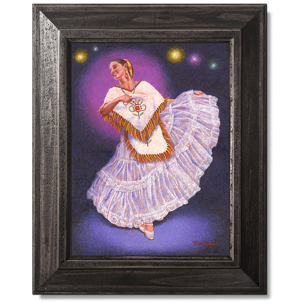 canvas print in a black wood frame depicting a flamenco
dancer in a white flowing dress