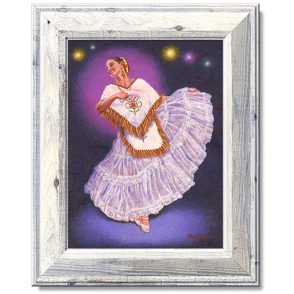 canvas print in a white wood frame depicting a flamenco
dancer in a white flowing dress