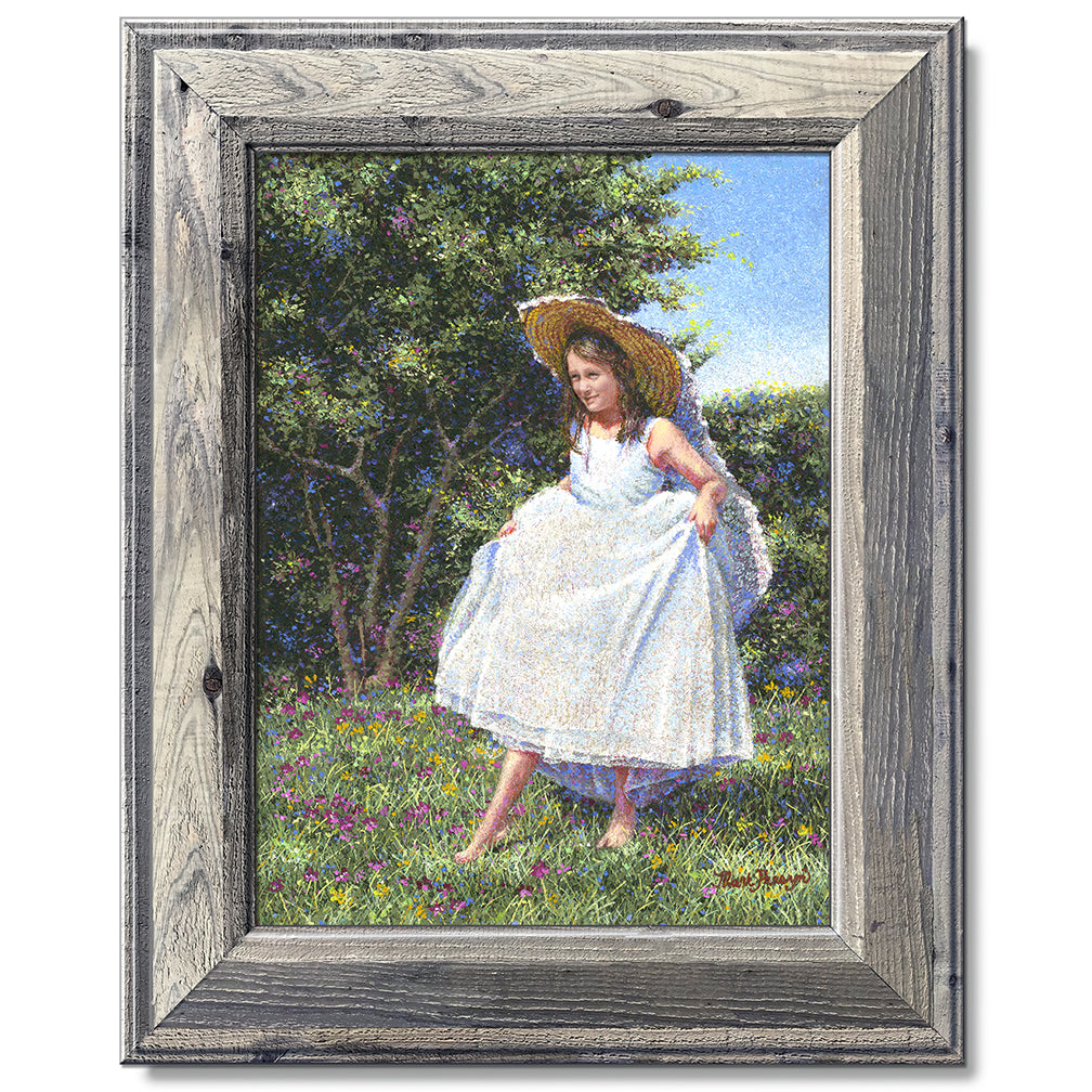 canvas print in a grey wood frame depicting a flower girl walking
in floral landscape