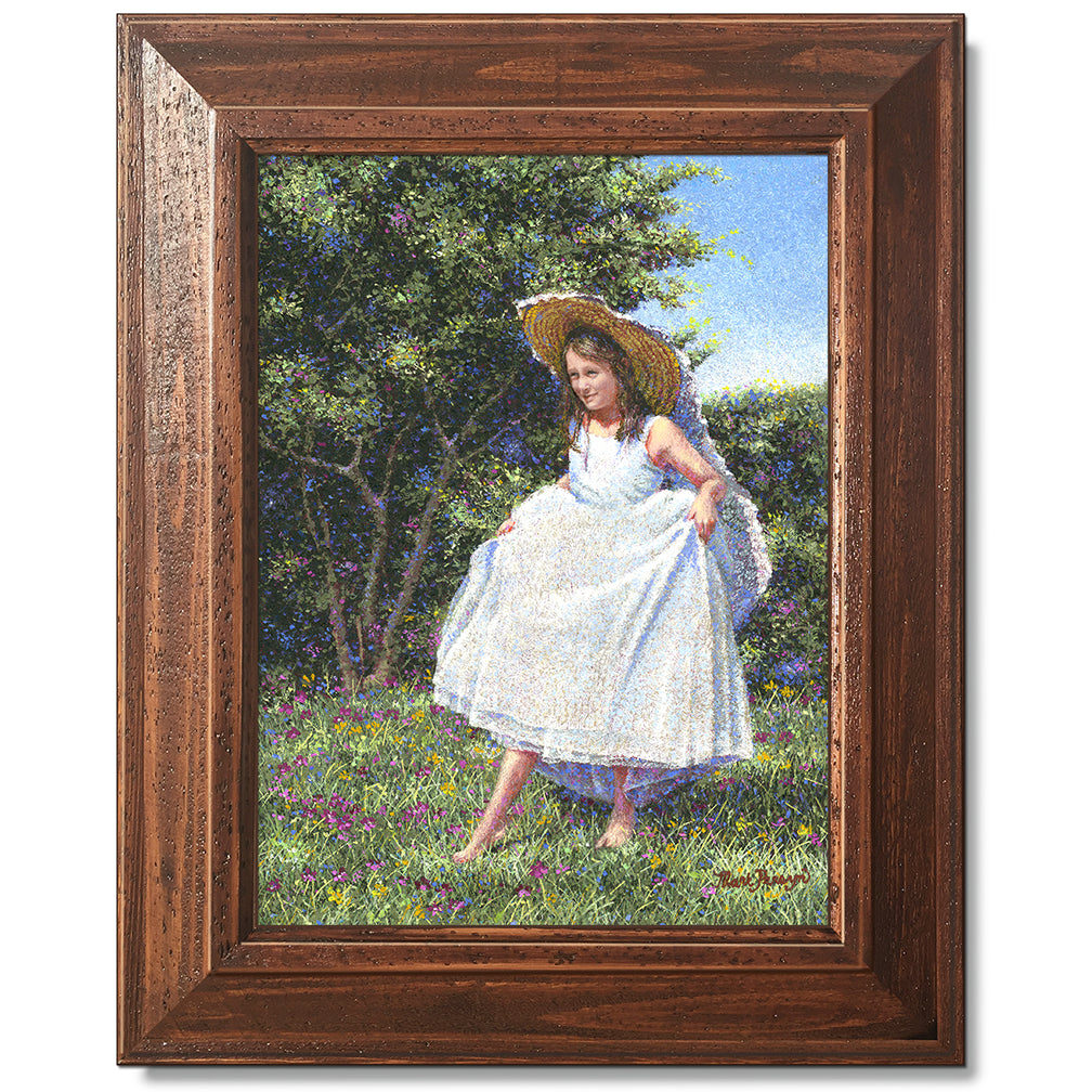 canvas print in a brown wood frame depicting a flower girl walking
in floral landscape