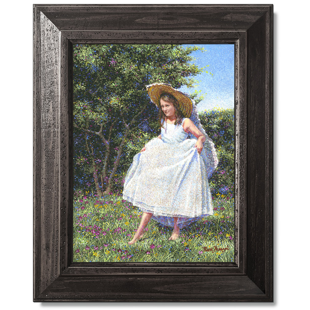 canvas print in a black wood frame depicting a flower girl walking
in floral landscape