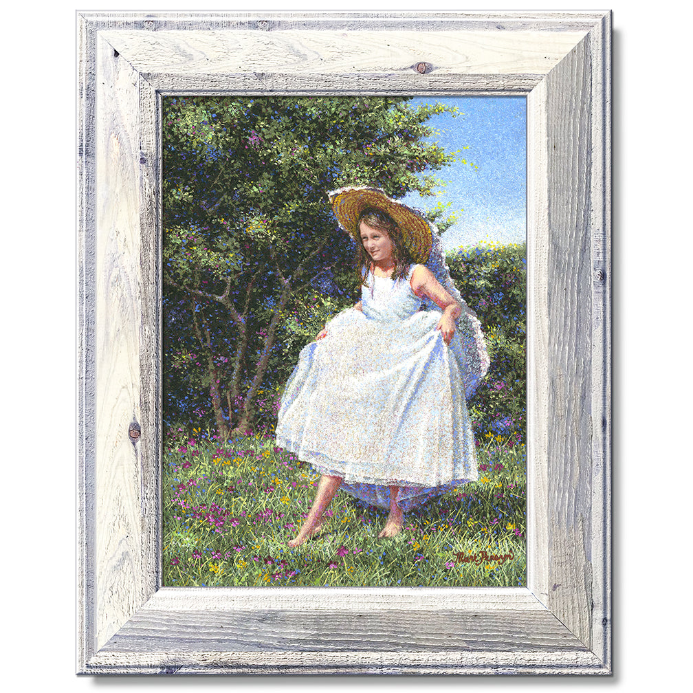 canvas print in a white wood frame depicting a flower girl walking
in floral landscape