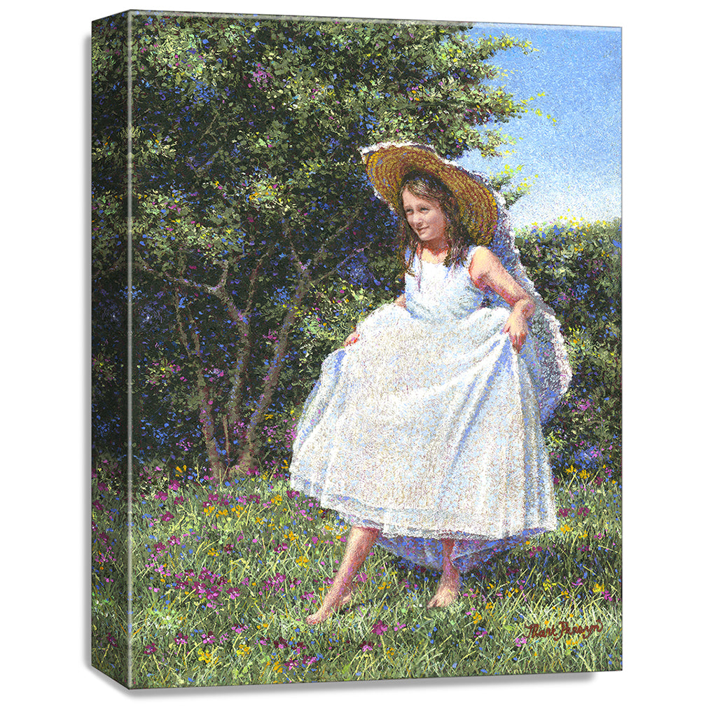 gallery wrapped print on canvas
depicting a flower girl walking
in floral landscape