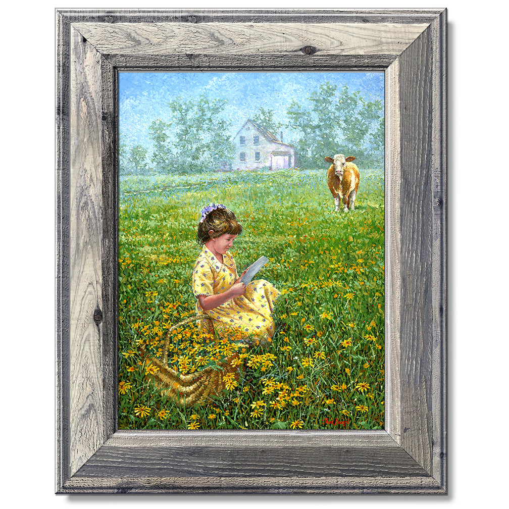 canvas print in a grey wood frame depicting a little girl reading a
letter in a country field as a cow looks on 