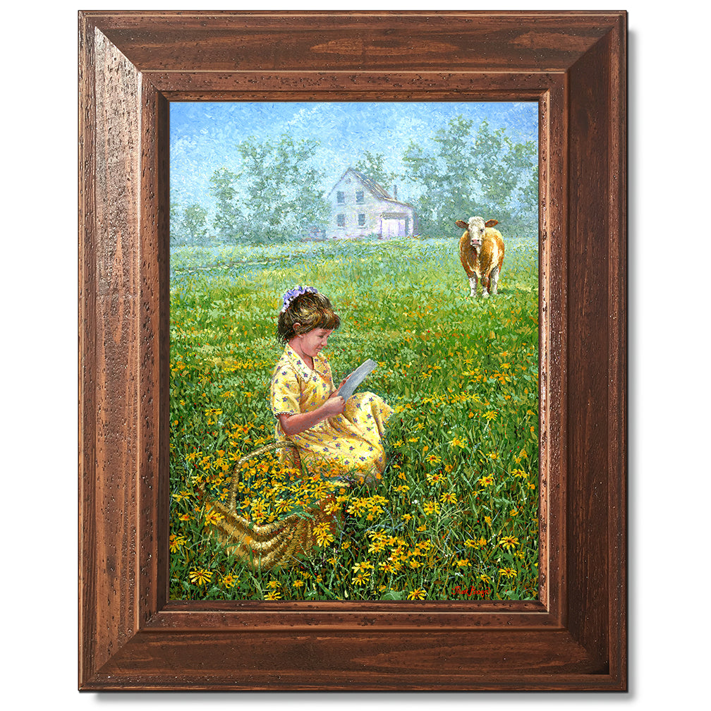 canvas print in a brown wood frame depicting a little girl reading a
letter in a country field as a cow looks on 