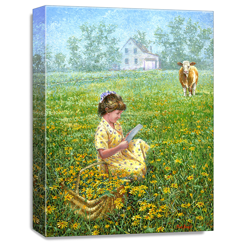 gallery wrapped print on canvas
depicting a little girl reading a
letter in a country field as a cow looks on 