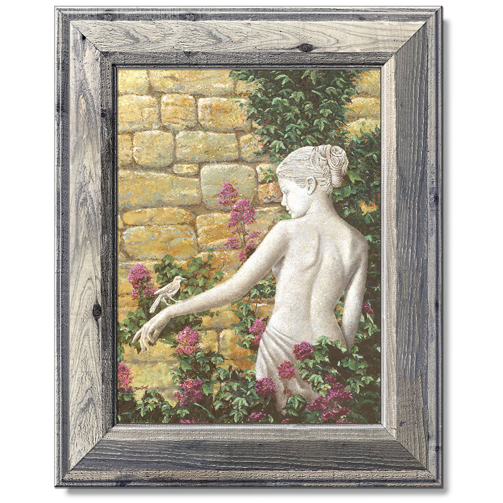 canvas print in a grey wood frame depicting a statue of a woman
with a bird on her arm in front of a rock wall with flowers