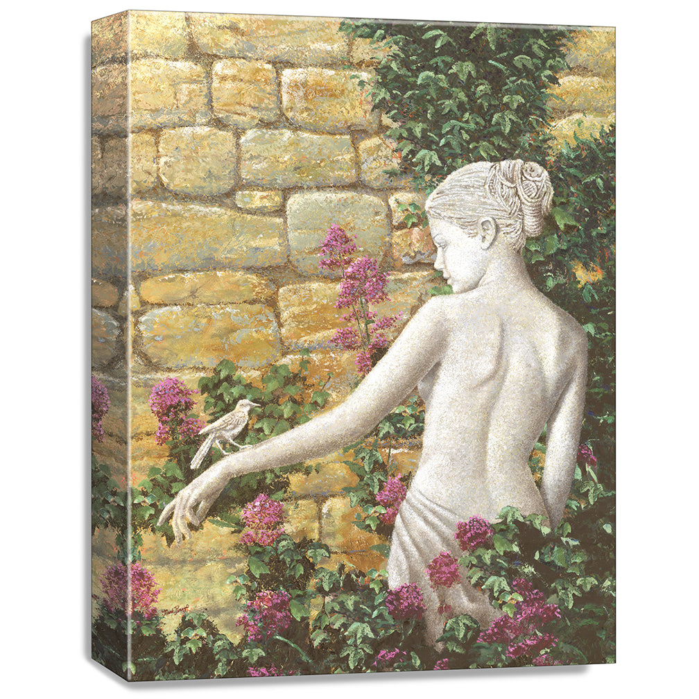 gallery wrapped print on canvas
depicting a statue of a woman
with a bird on her arm in front of a rock wall with flowers