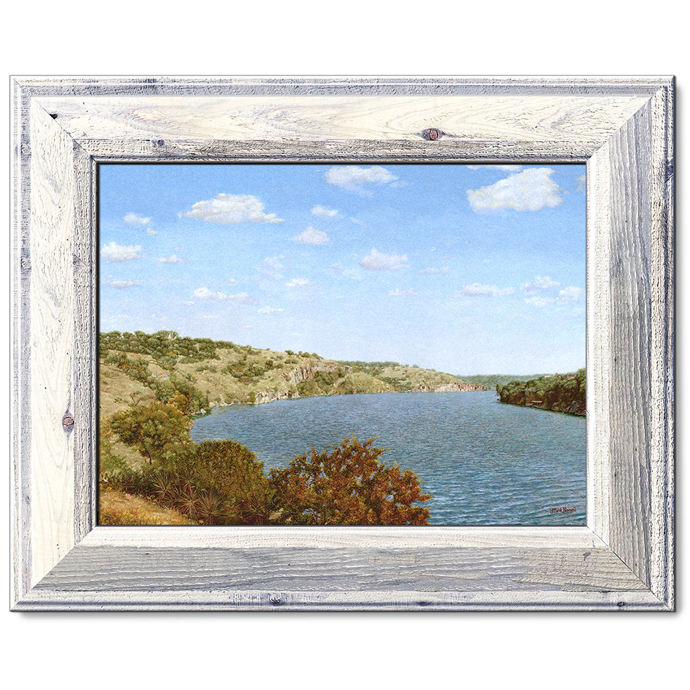 canvas print in a white wood frame depicting one of the highland
lakes set in a country landscape under blue skies