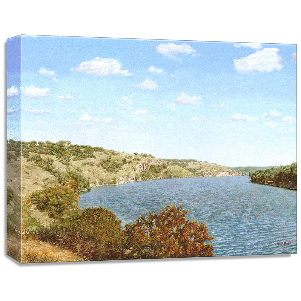 gallery wrapped print on canvas
depicting one of the highland
lakes set in a country landscape under blue skies