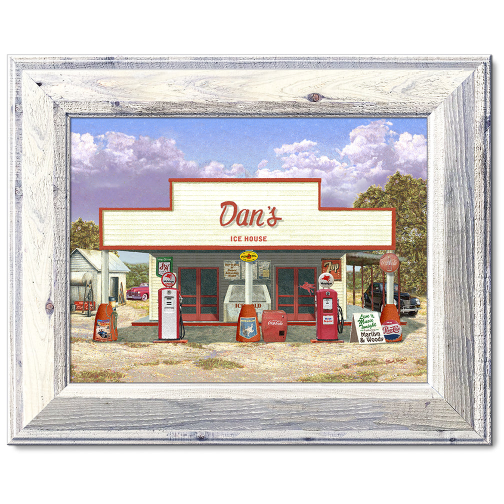 canvas print in a white wood frame depicting a vintage ice house
with classic cars parked nearby