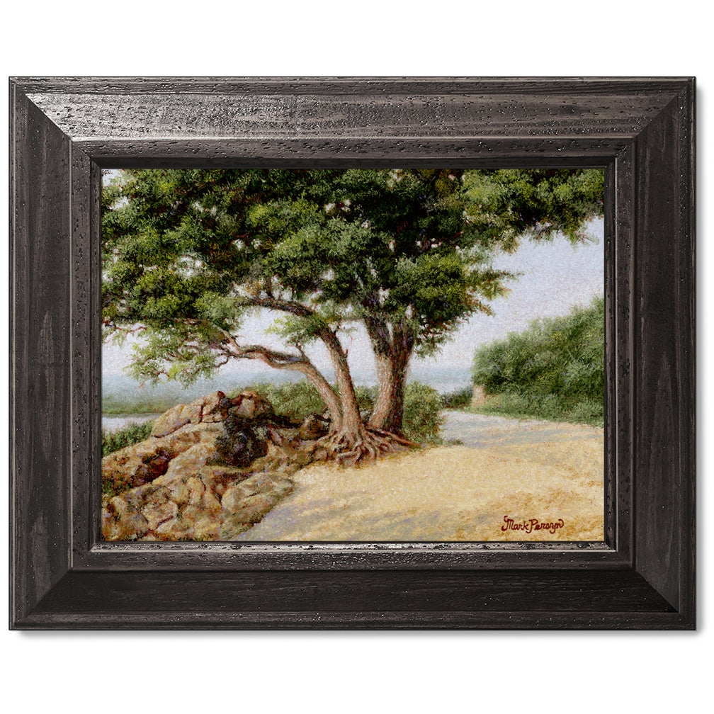 canvas print in a black wood frame depicting a large oak tree
next to a country road