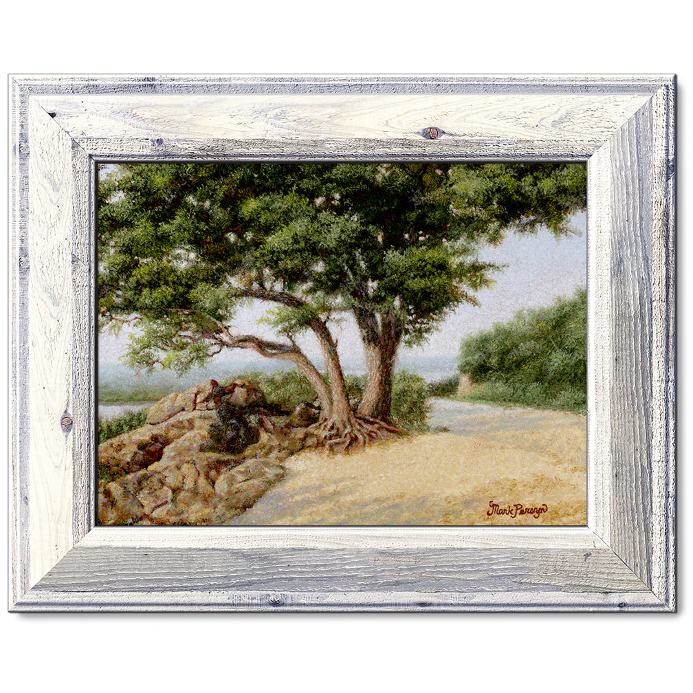 canvas print in a white wood frame depicting a large oak tree
next to a country road