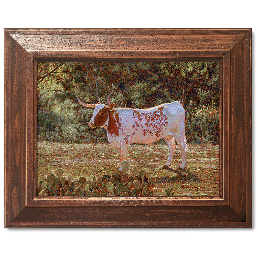 canvas print in a brown wood frame depicting a backlit longhorn standing in a field near kingsland, texas