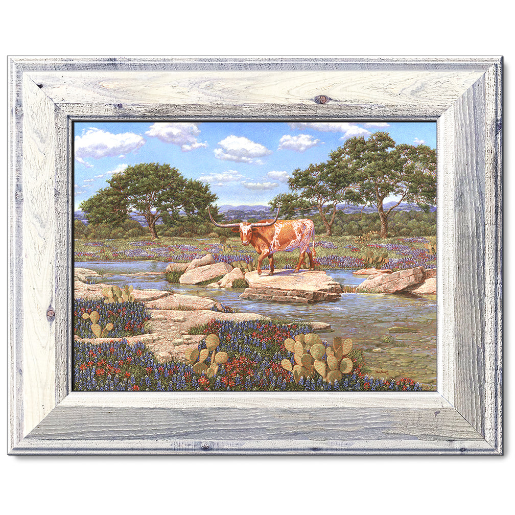 canvas print in a white wood frame depicting a longhorn near a
creek with the wildflowers bluebonnets and Indian paintbrushes