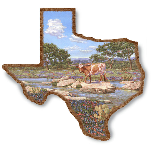 Texas Longhorn And Wildflowers On Wood Texas