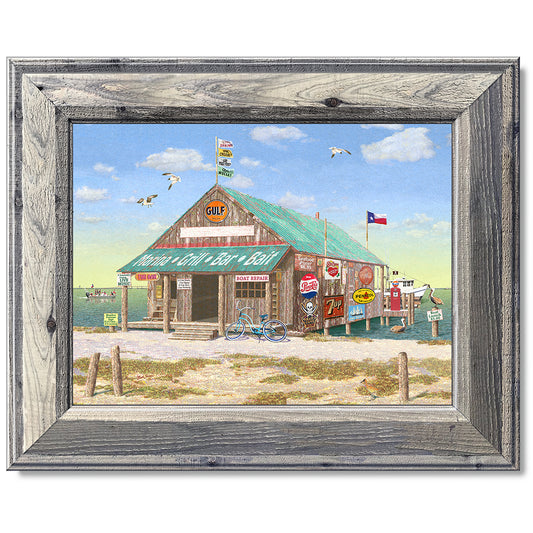 canvas print in a grey wood frame depicting a rustic gulf coast
marina and bait stand on the bay with boats in the background