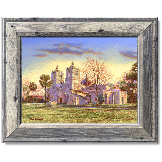 canvas print in a grey wood frame depicting a country landscape
with mission concepcion and a waning moon overhead