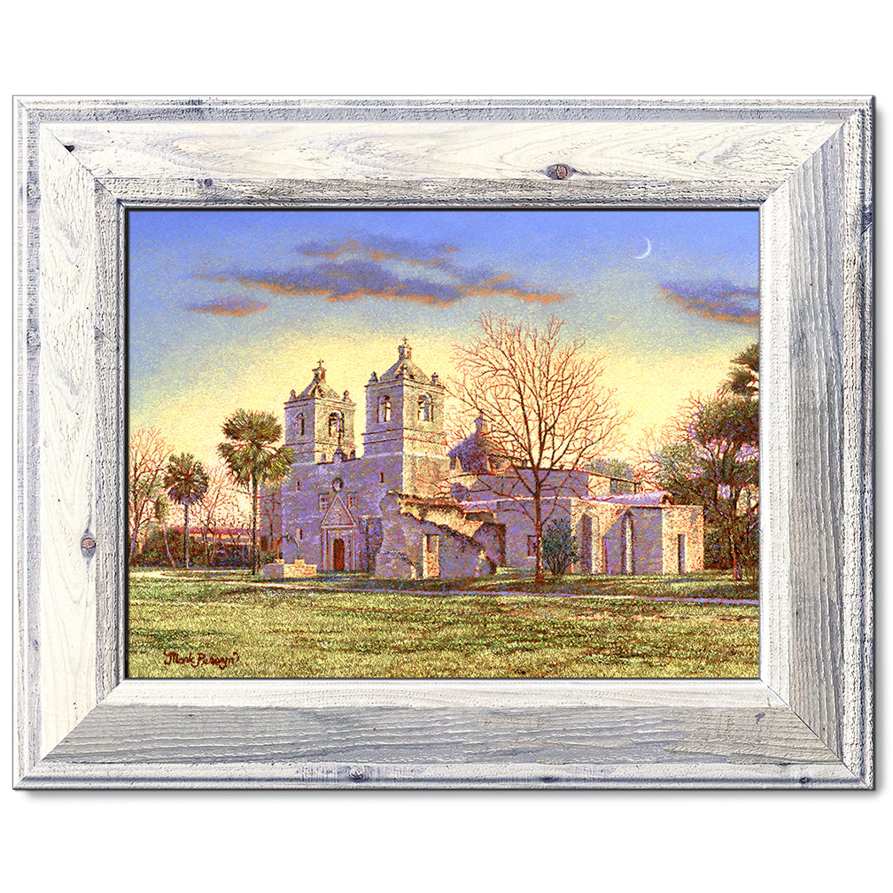 canvas print in a white wood frame depicting a country landscape
with mission concepcion and a waning moon overhead