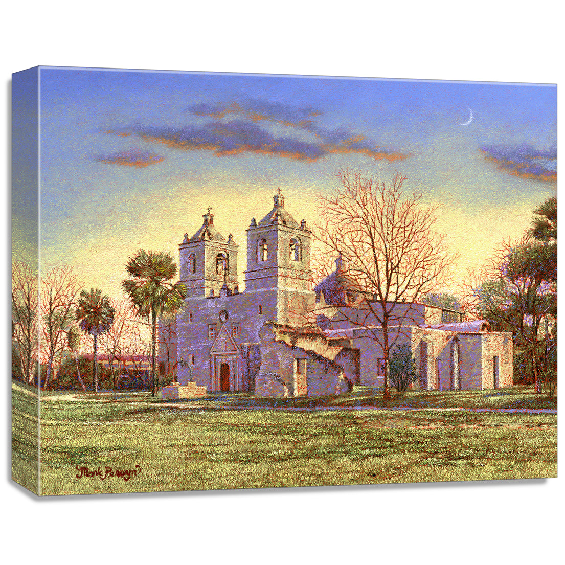 gallery wrapped print on canvas
depicting a country landscape
with mission concepcion and a waning moon overhead