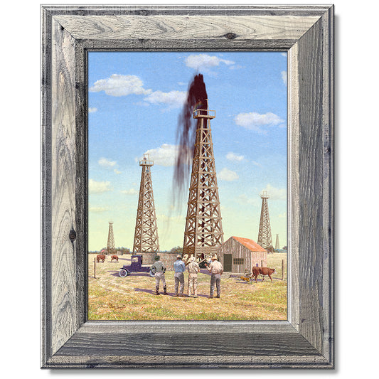 canvas print in a grey wood frame depicting an old wooden oil
derrick spraying oil into the sky