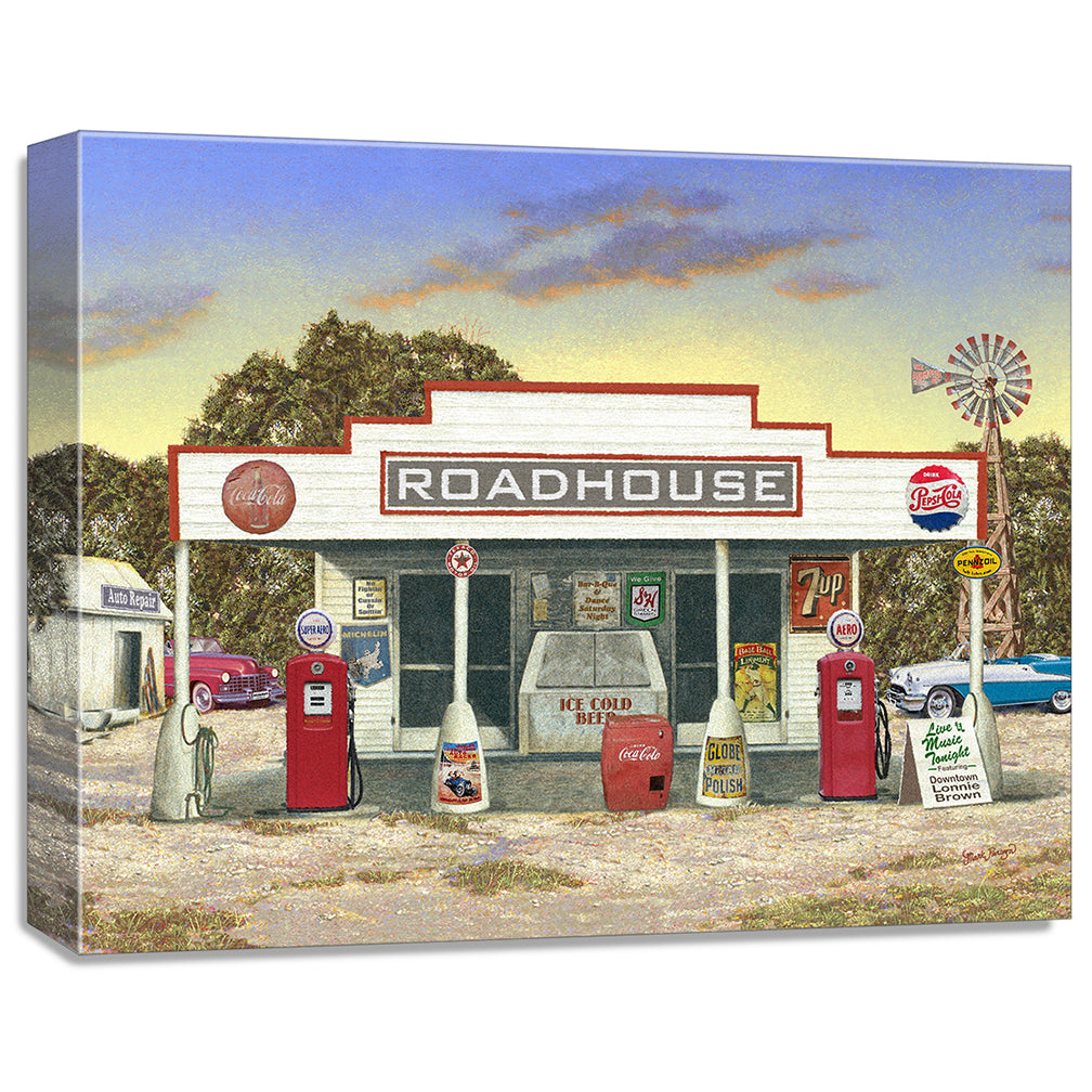 gallery wrapped print on canvas
depicting a rustic roadhouse
with classic cars parked nearby