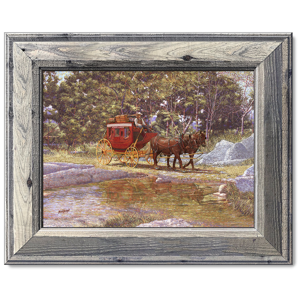 canvas print in a grey wood frame depicting a stagecoach traveling through a creek in a country landscape  