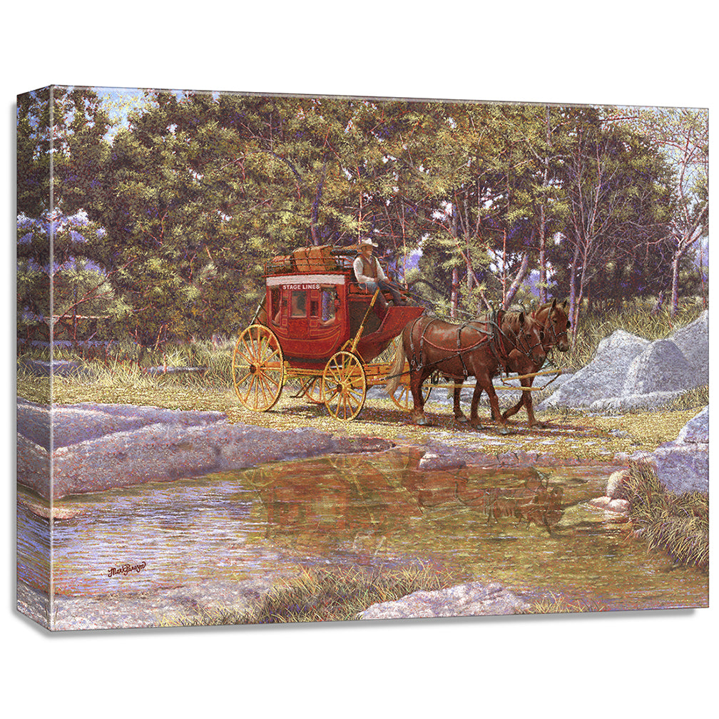 gallery wrapped print on canvas
depicting a stagecoach traveling through a creek in a country landscape  