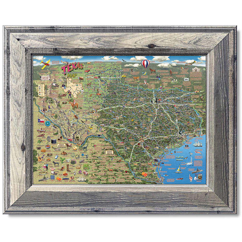 canvas print in a grey wood frame depicting an illustrated
texas map with points of interest and texas symbols