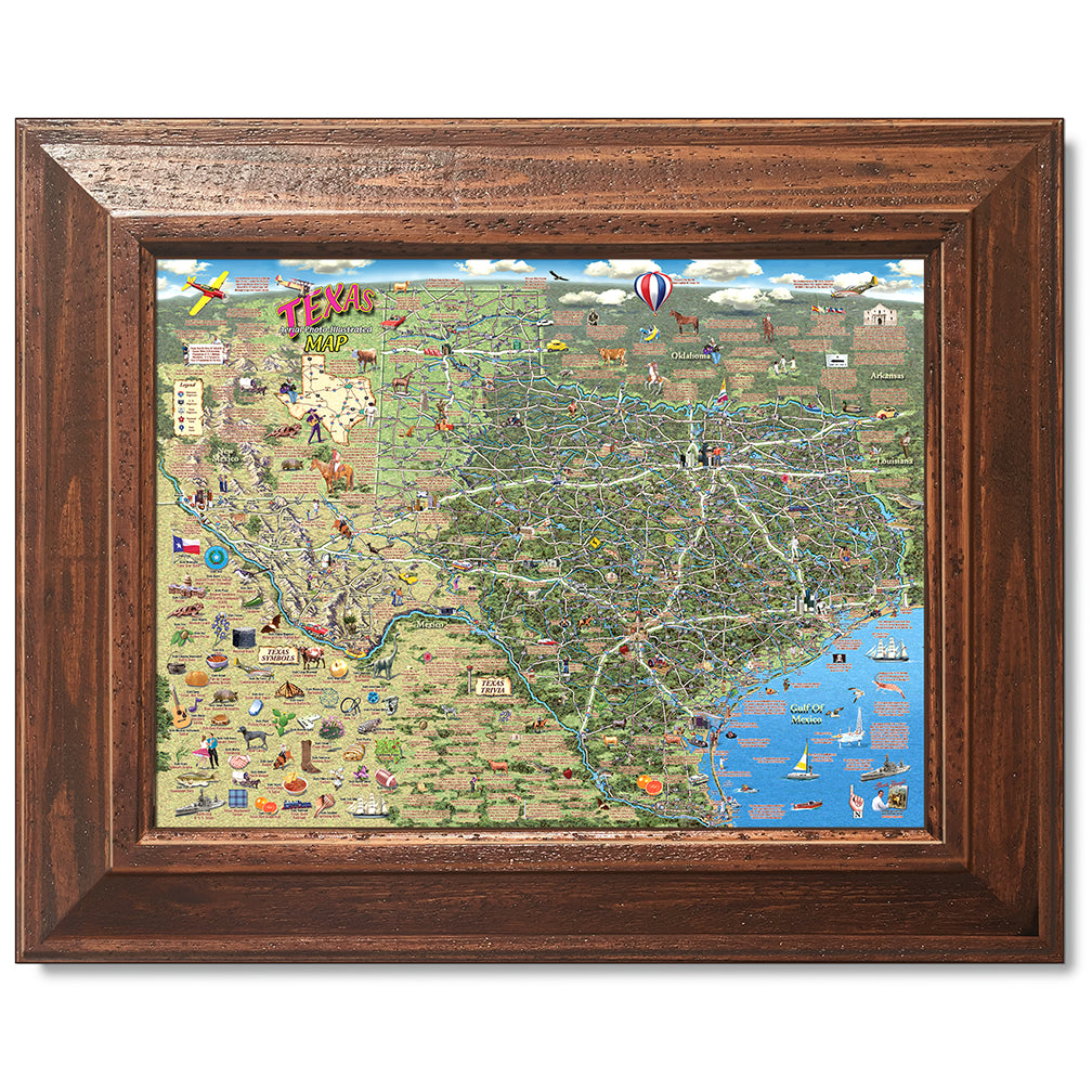 canvas print in a brown wood frame depicting an illustrated
texas map with points of interest and texas symbols