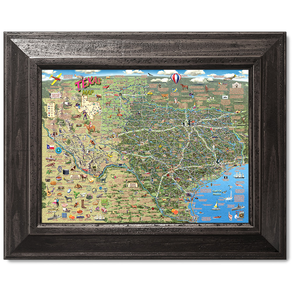 canvas print in a black wood frame depicting an illustrated
texas map with points of interest and texas symbols