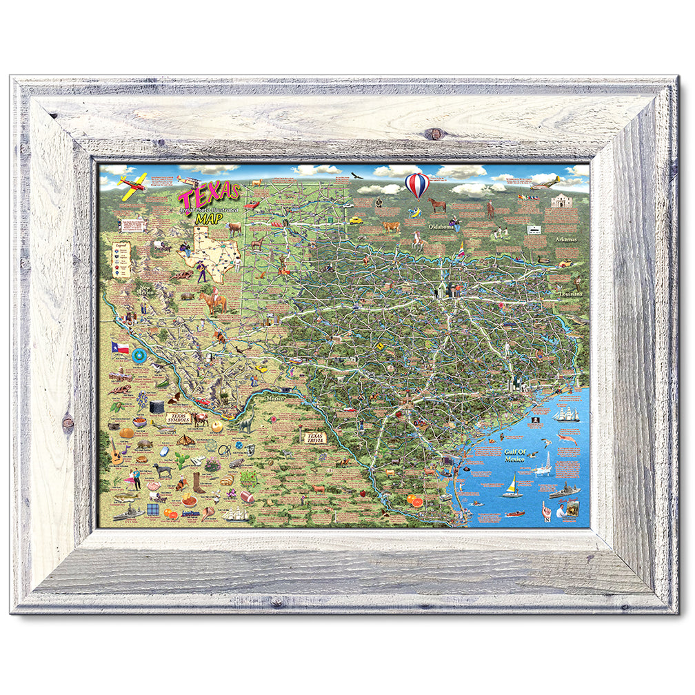 canvas print in a white wood frame depicting an illustrated
texas map with points of interest and texas symbols