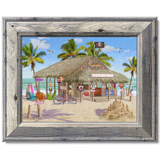 canvas print in a grey wood frame depicting a tiki bar on a beach
with a sandcastle, waves and palm trees