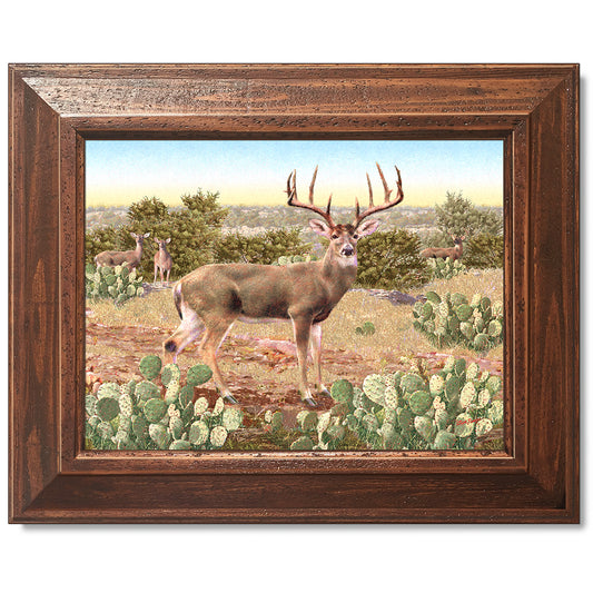 canvas print in a brown wood frame depicting a whitetail deer buck
with large antlers standing in a field with other deer 